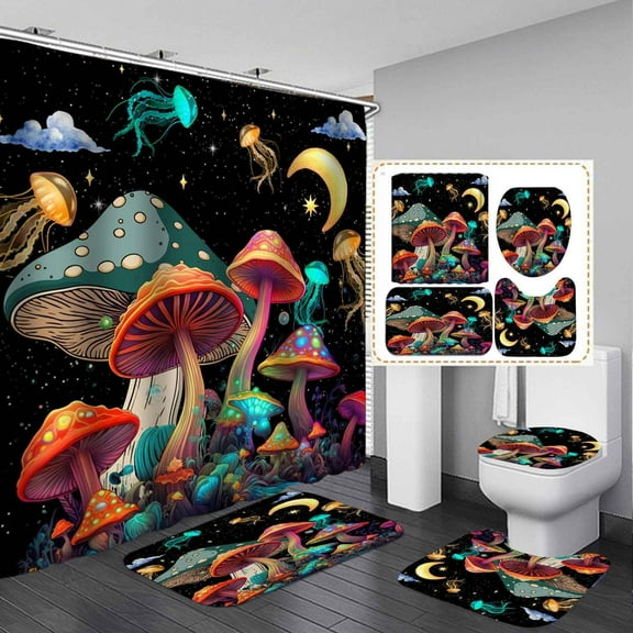 4PCS Green Red Mushroom Shower Curtain Sets with Rugs, Waterproof Fabric Shower Curtain, Fantasy Enchanted Forest Wildflower Jungle Plant Butterfly Fairy Tale Garden Wonderland Bathroom Decor