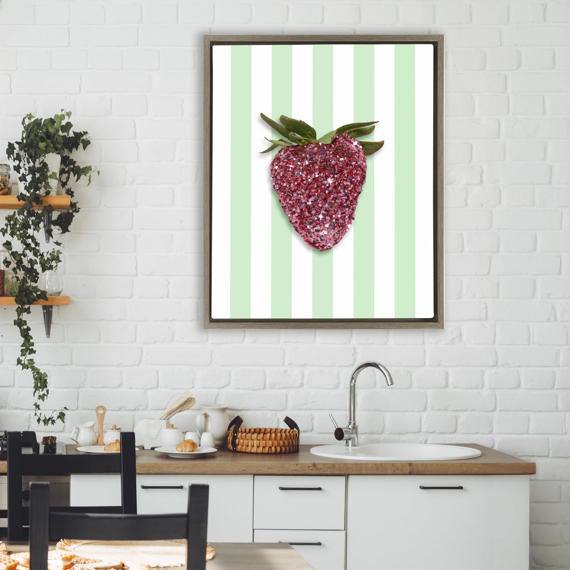 Stupell Industries Glimmer Cherry on Green Stripes Brown Framed Floater Canvas Wall Art, design by LISH Creative