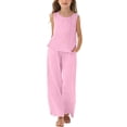 thumbnail image 2 of UACY Girls Cotton Linen Shorts Set Kids Two Piece Outfits Cute Sleeveless Sweatsuit Summer Tank Tops Wide Leg Pants Set, 2 of 7