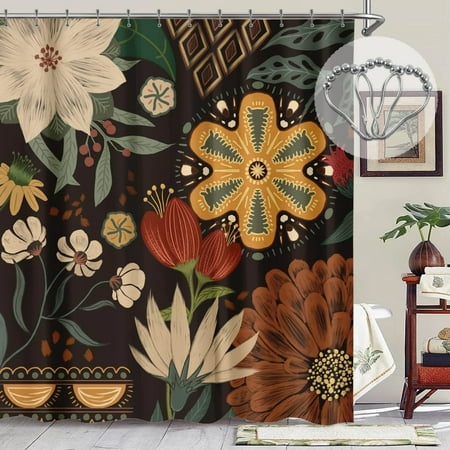 Boho Floral Waterproof Shower Curtain - Mid Century Style for Bathroom Decor