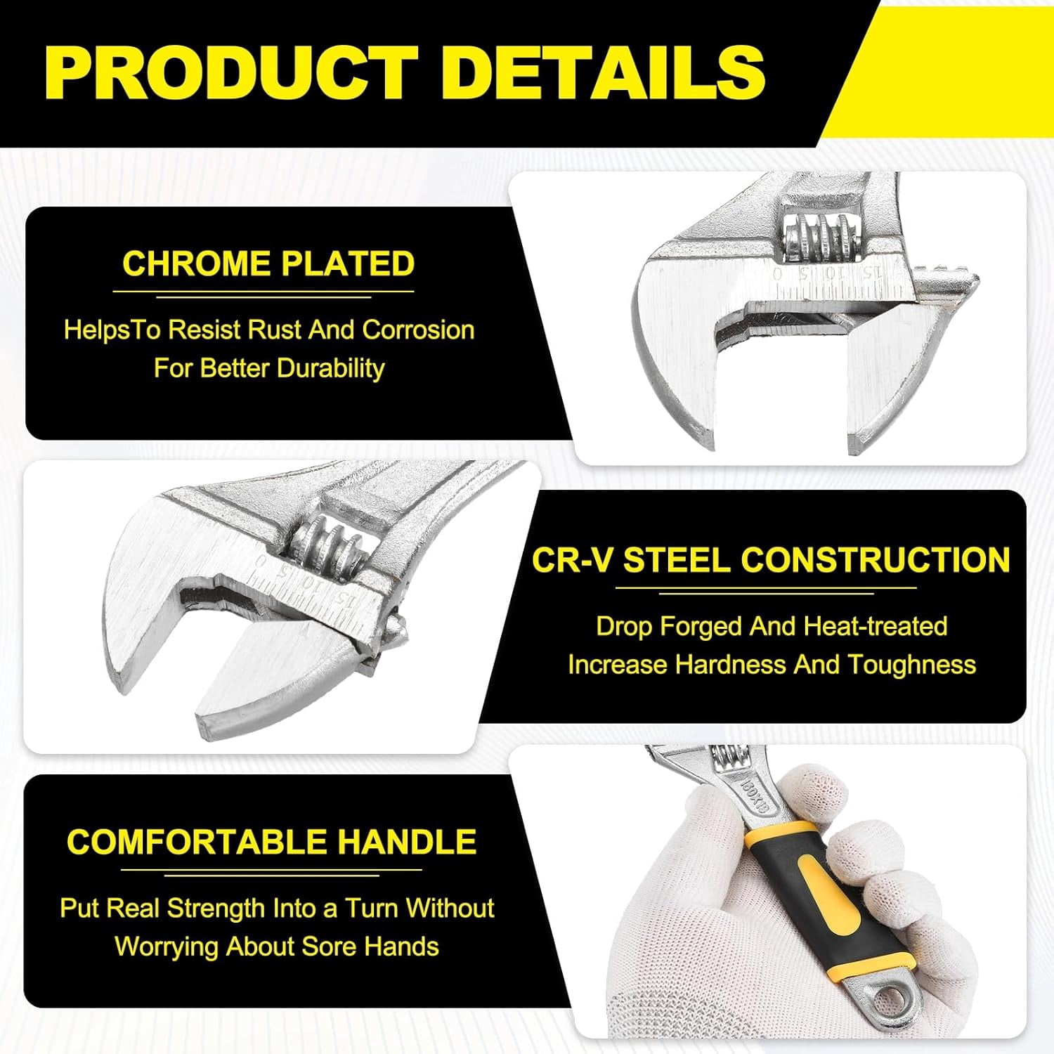 MKEUDQ-Adjustable Wrench 6" High Carbon Steel Industrial Wide Jaw Wrench Adjustable Repairs Spanner Tool with Graduated Scale for Home Garage Workshop Plumbing, Yellow-Black