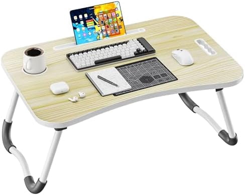 Folding Lap Desk, 23.6 Inch Wood Laptop Bed Desk with Cup Holder, Portable Bed Table for Working Writing Reading & Eating for Bed, Sofa, Couch, Floor - Beige