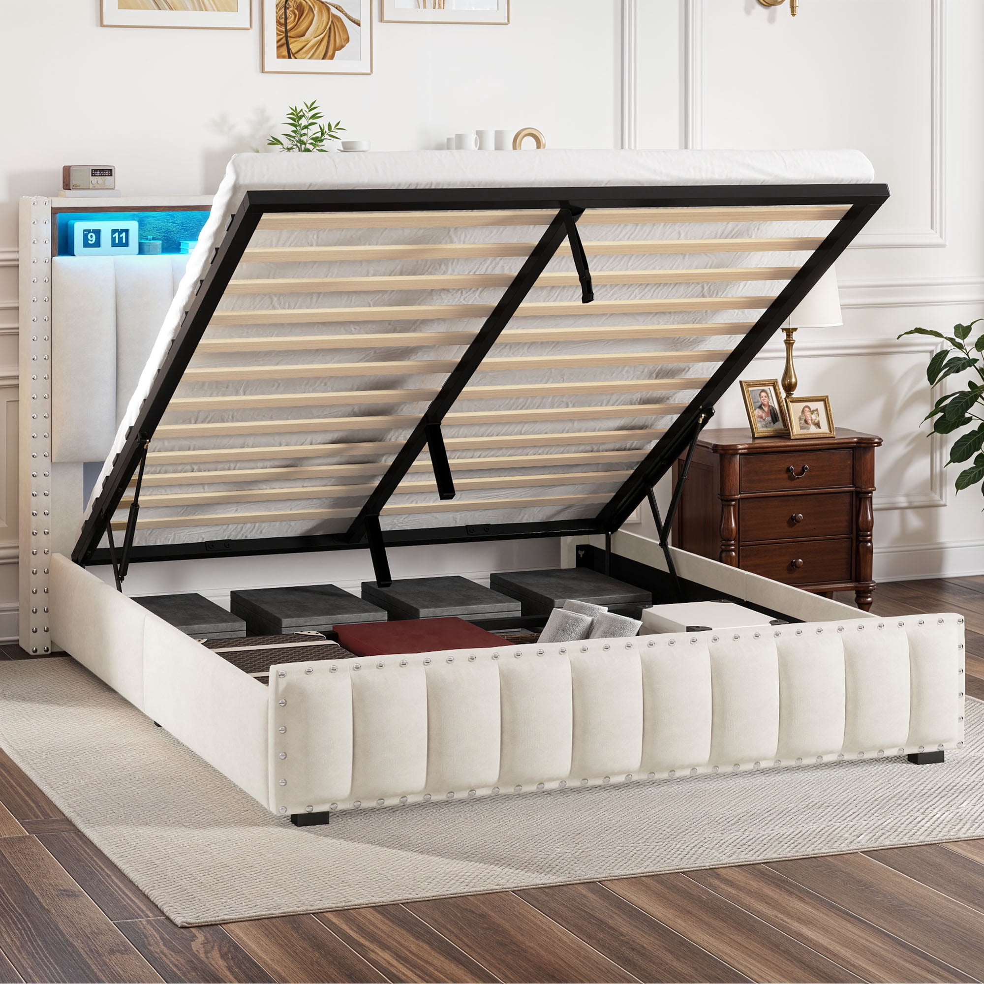 Uforic Full Size Lift Up Bed Frame with LED Lights & Power Outlets, Storage Bed with Upholstered Headboard, Beige