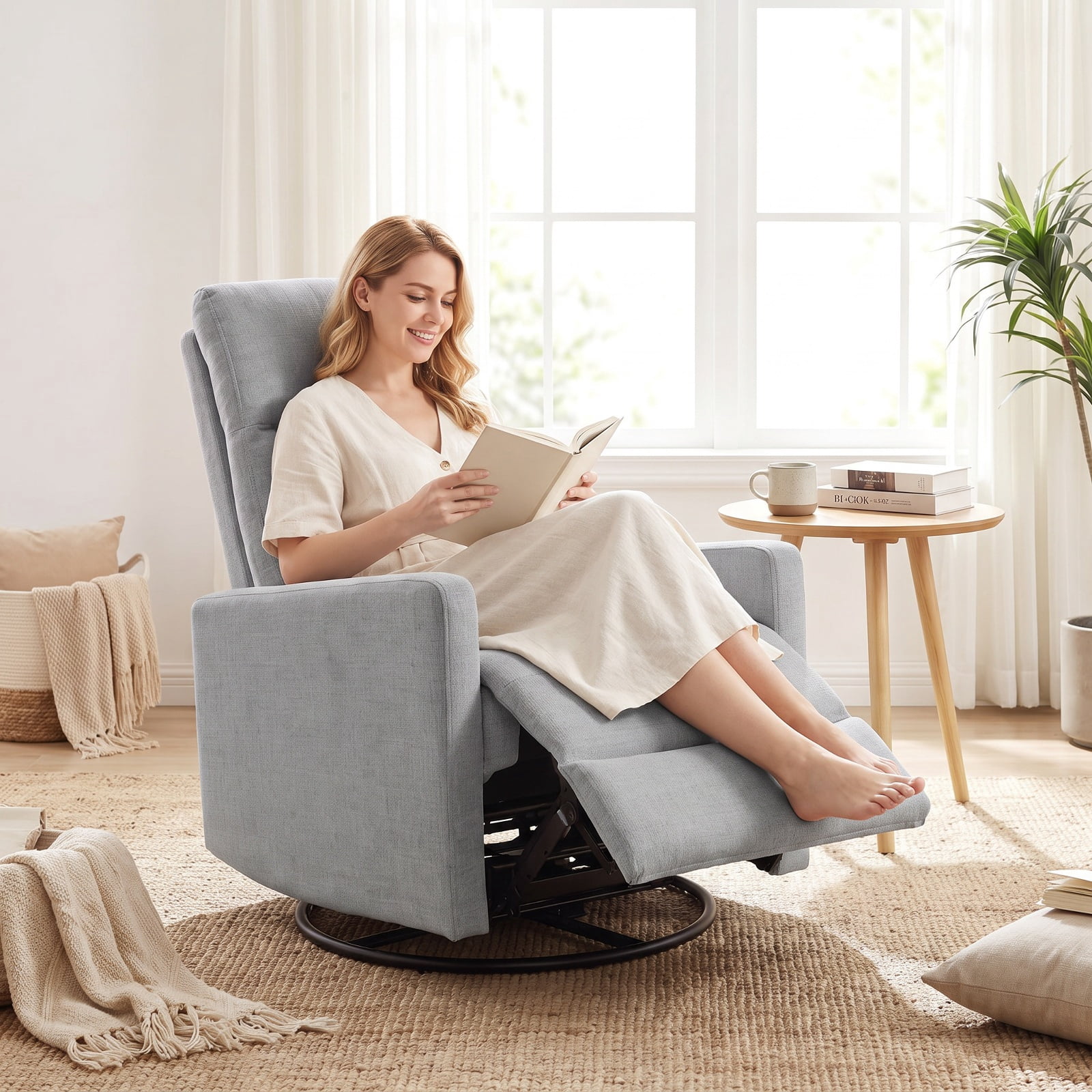 Furnibear Swivel Rocking Chair with 360 Degree Base Reclining Backrest and Extending Footrest for Nursery and Living Room, Gray