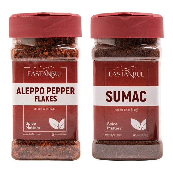 Eastanbul Aleppo Pepper Ground and Sumac Powder, Aleppo Pepper Flakes 5.3oz, Ground Sumac 6.4oz, Spice Set of Crushed Aleppo Pepper and Sumac Seasoning