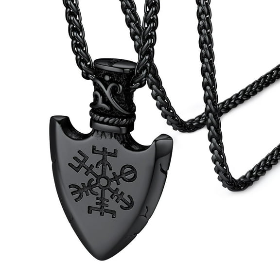 FaithHeart Norse Viking Runes Necklace for Men Valknut Compass Shield Black Stainless Steel Pendant Nordic Pagan Jewelry Gifts for Boyfriend Husband Valentine's Day Birthday