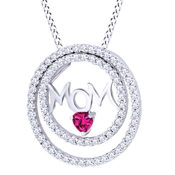 AFFY Round Cut Simulated Pink Ruby With Cubic Zirconia Mom Dual Circle Pendant Necklace In 14K White Gold Over Sterling Silver