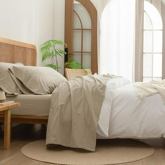 Sheet Set 100% Washed Cotton Linen Feel Super Soft Comfortable Chic Lightweight 4 Pcs Home Bedding Set Solid Almond Milk Grey Cal King