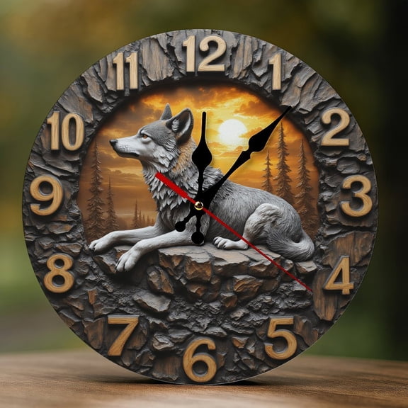 Wall Clock Decorative - Sunset Gray Wolf Print 2D Vintage Wall Clocks Battery Operated Silent Non-Ticking for Bedroom, Living Room, Kitchen, Office, Classroom, 10 Inch