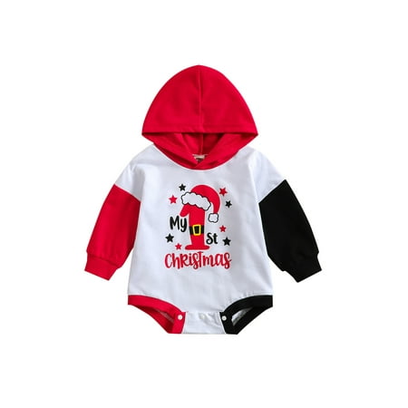 

Domingbub Infant Newborn Baby Boys Girls Christmas Romper Long Sleeve Crew Neck Letters Print Jumpsuits Red Black 12-18 Months