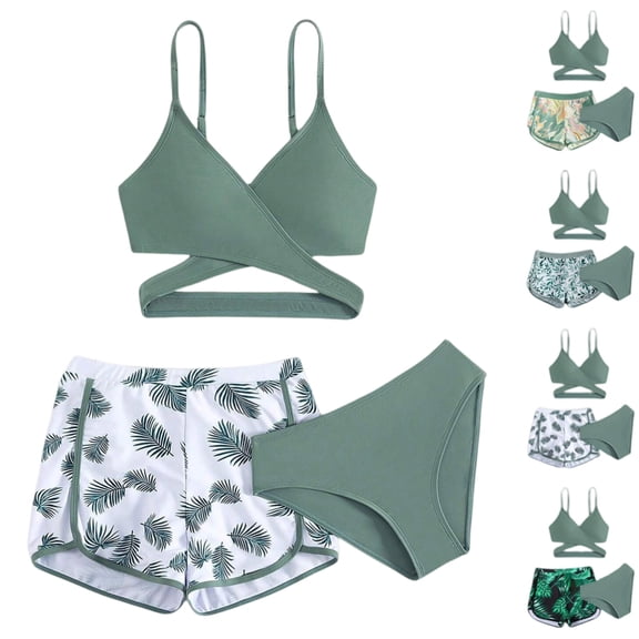 2026 New High Waisted Bikini Sets Sporty Three Piece Swimsuits Color Block Cheeky High Cut Bathing Suits, Bikini Set - Teen Swimwear Separate Top & Bottom for 5-13 Years (Green, 5-6 Years)