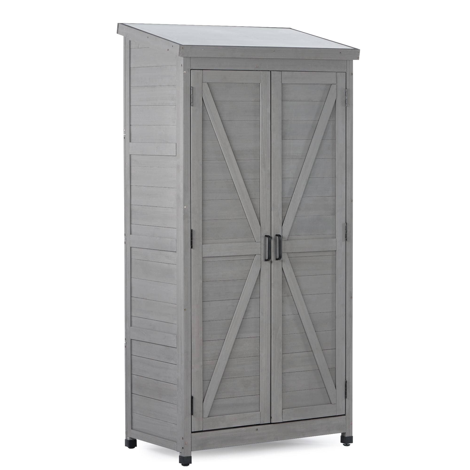 Outdoor Storage Cabinet and Metal Top, Garden Storage Shed Outdoor 68 Inches Wood Tall Shed for Yard, Gray