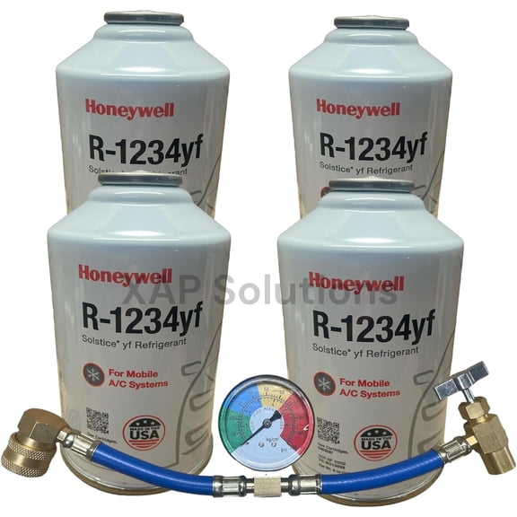 Honeywell R1234yf Solstice HFO Refrigerant MVAC 4 Cans HD Brass Can Tap Gauge Top Off Kit