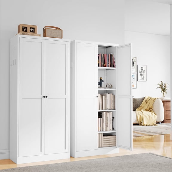 5-Tier White Steel Pantry Storage Cabinet with 2 Doors & 4 Adjustable Shelves, Tall Metal Cabinets for Kitchen, Living Room, Garage, Heavy Duty Freestanding Utility Cabinet, Assembly Require