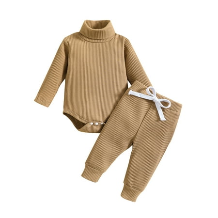 

Newborn 2 Piece Fall Winter Outfit Baby Girl Boy Ribbed High Neck Romper and Pants Infant Clothes Set