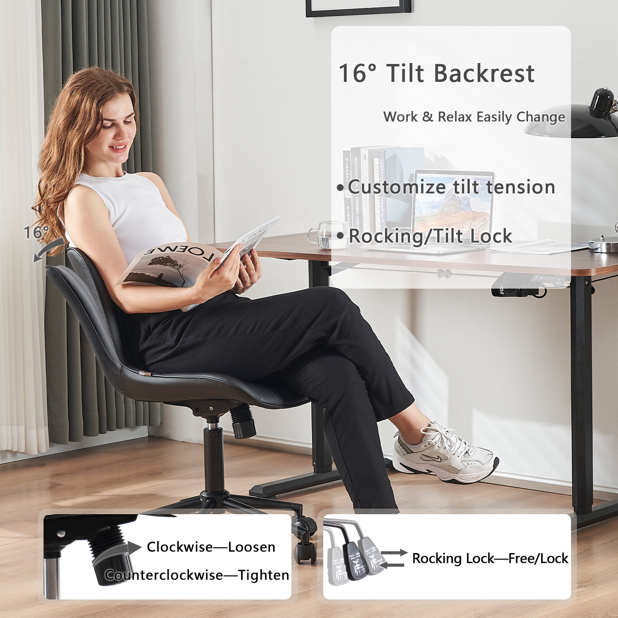 YOUNIKE Cute Armless Office Desk Chair Modern Upholstered Faux Leather Swivel Task Chair, Black