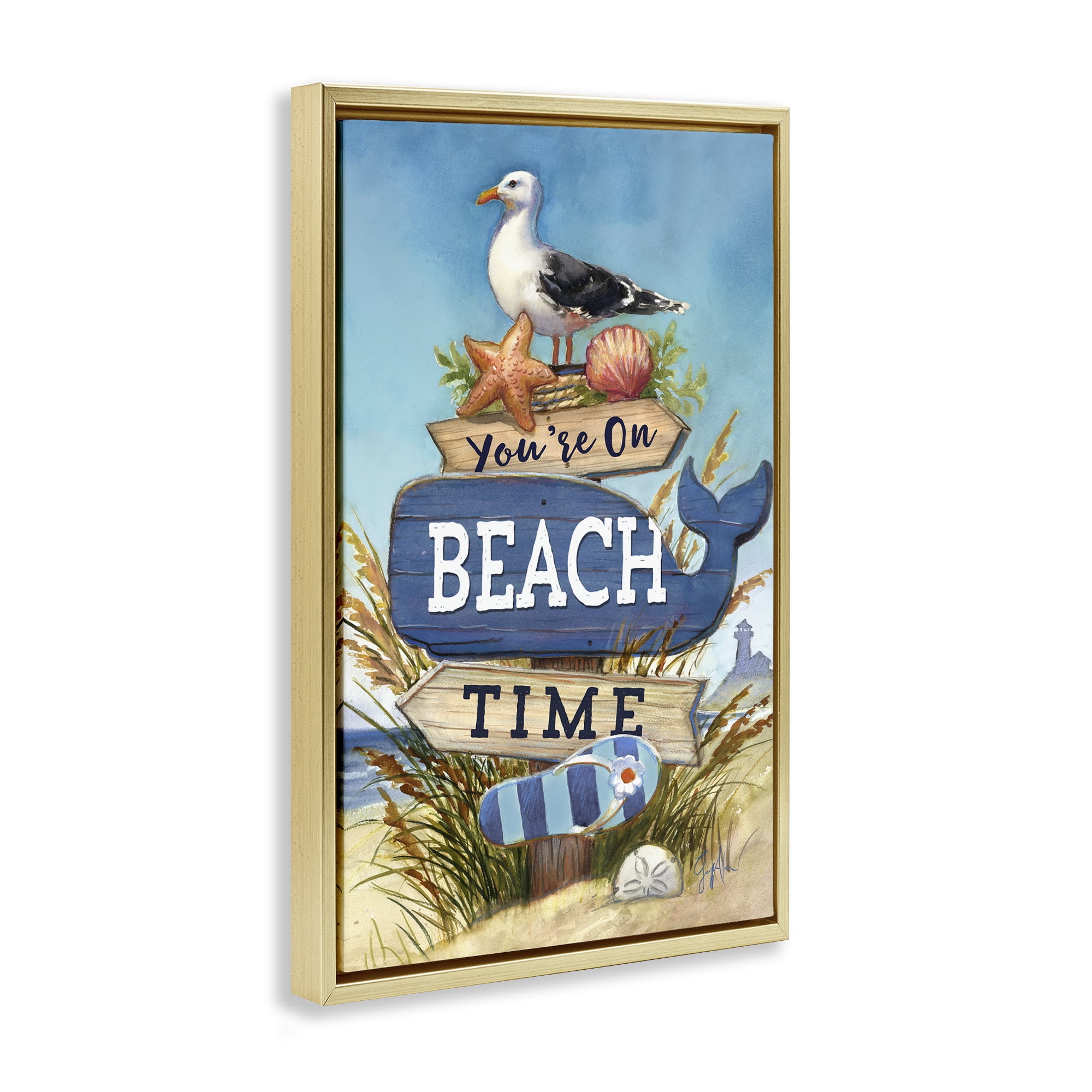 Stupell Industries On Beach Time Sign Nautical & Beach Painting Gold Floater Framed Canvas Art Print Wall Art, 17 x 25