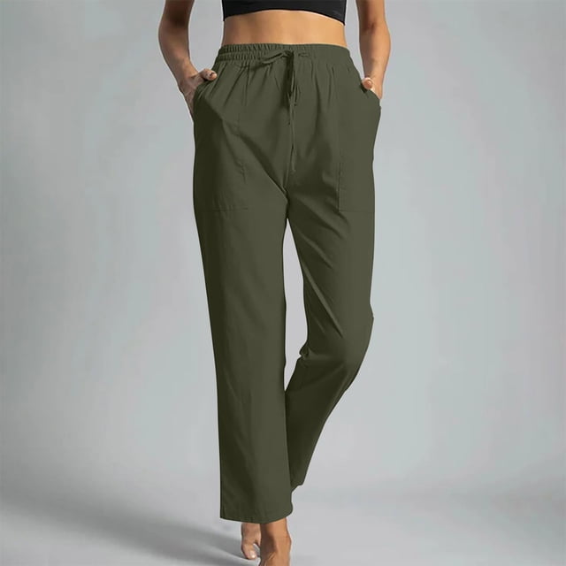 BVOFAR Women's Cotton Linen Pants 2025 Casual Solid Color Trousers Drawstring Elastic Waist Pants with Pockets