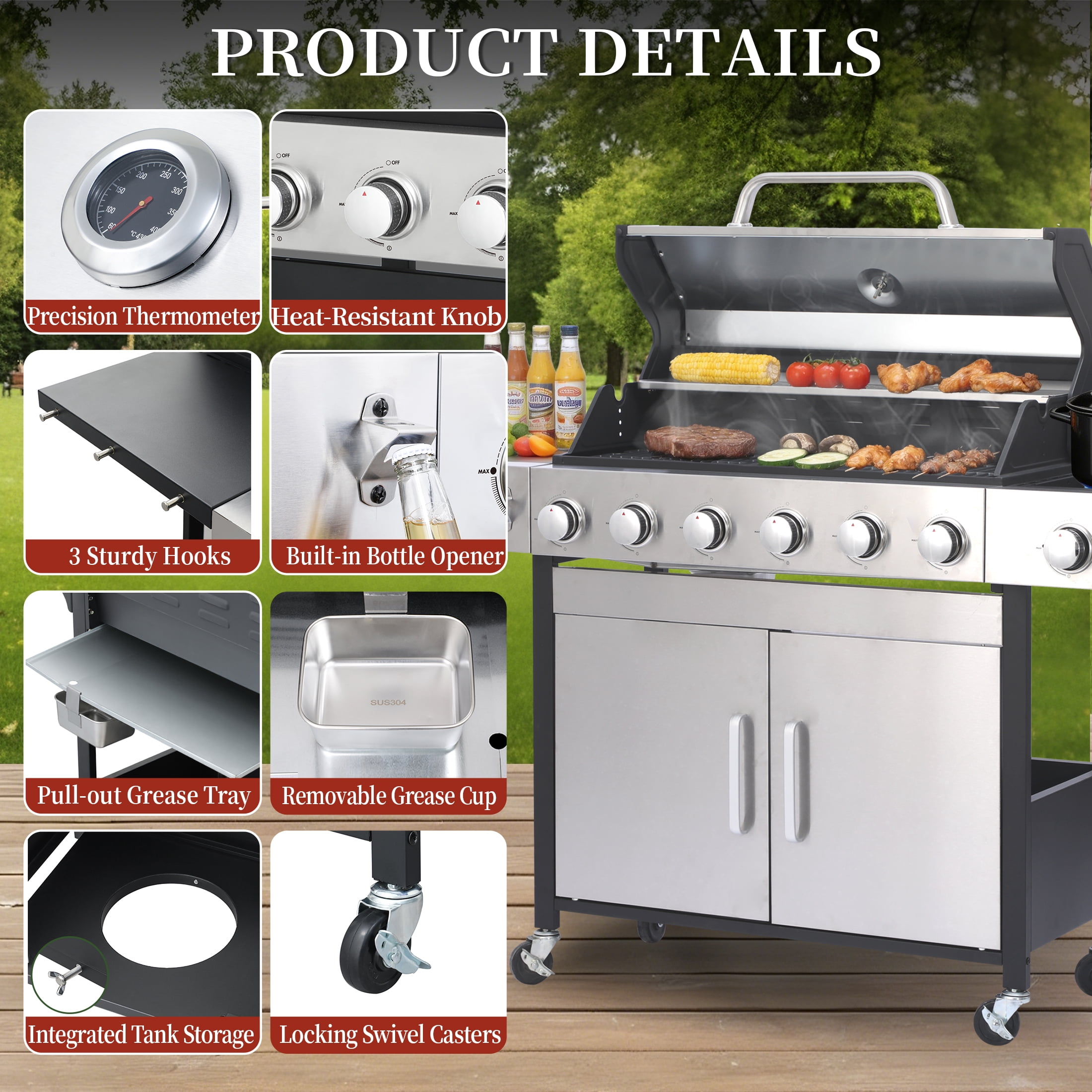 CIG GARDEN 6-Burner Propane Gas Grill with Side Burner,73000 BTU Output Double-Layer Stainless Steel BBQ Grill Lid with Cast Iron Grates