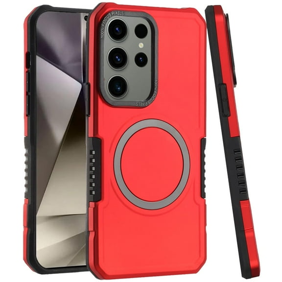 For Samsung Galaxy S25 Ultra Case, Hybrid Armor Grip Metal Magnetic Circle Compatible with MagSafe for Wireless Charging Shockproof Phone Cover (Red)