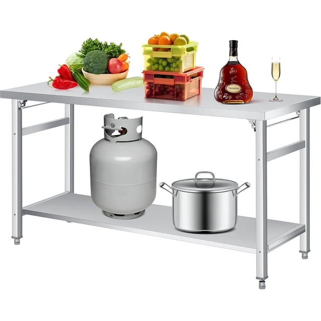 Table Pliante en Acier Inoxydable Robuste 60 Pouces x 24 Pouces, Poste de Travail à Double Niveau avec Tablette Inférieure Réglable pour Cuisine, Restaurant, Maison, Garage
