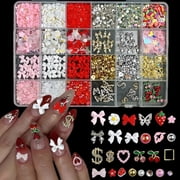 TUWAFE 3D Red Cherry Nail Charms,Flatback Pearl Charms Resin Strawberry Bow Flowers Summer Fruit Charms for Nails,Alloy Butterfly Heart Rhinestones Nail Art Jewels for Women Diy Accessories