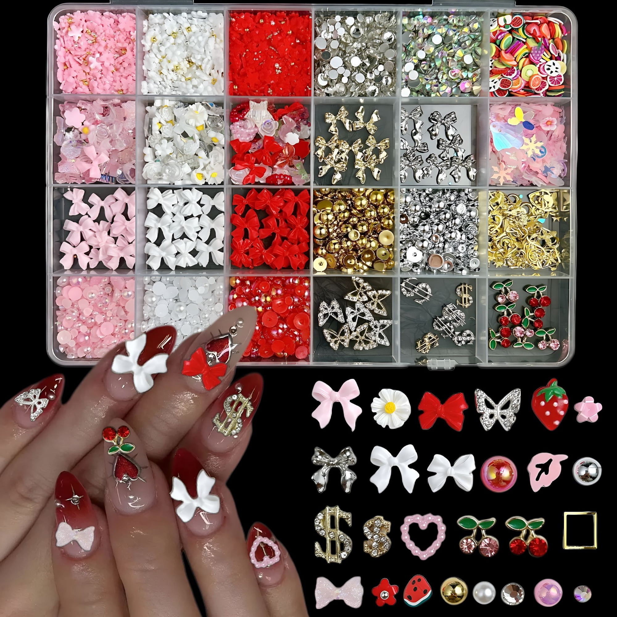 TUWAFE 3D Red Cherry Nail Charms,Flatback Pearl Charms Resin Strawberry Bow Flowers Summer Fruit Charms for Nails,Alloy Butterfly Heart Rhinestones Nail Art Jewels for Women Diy Accessories