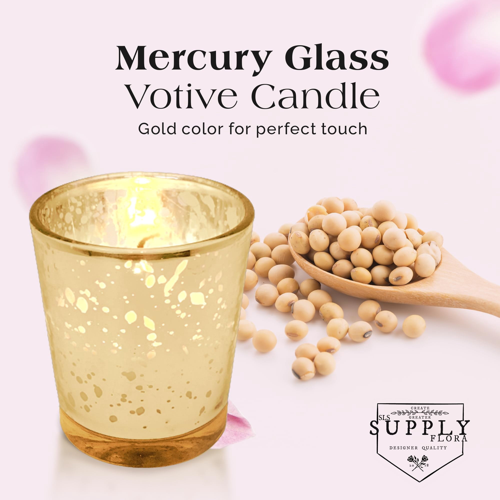 SLS SUPPLY FLORA - Mercury Glass Votive Candle Set of 72 - Small Candles in Candle Jars Decorative Candles for Wedding Favors Gifts or Home Decor Soy Wax 8-10 Hour Burn Time - Gold