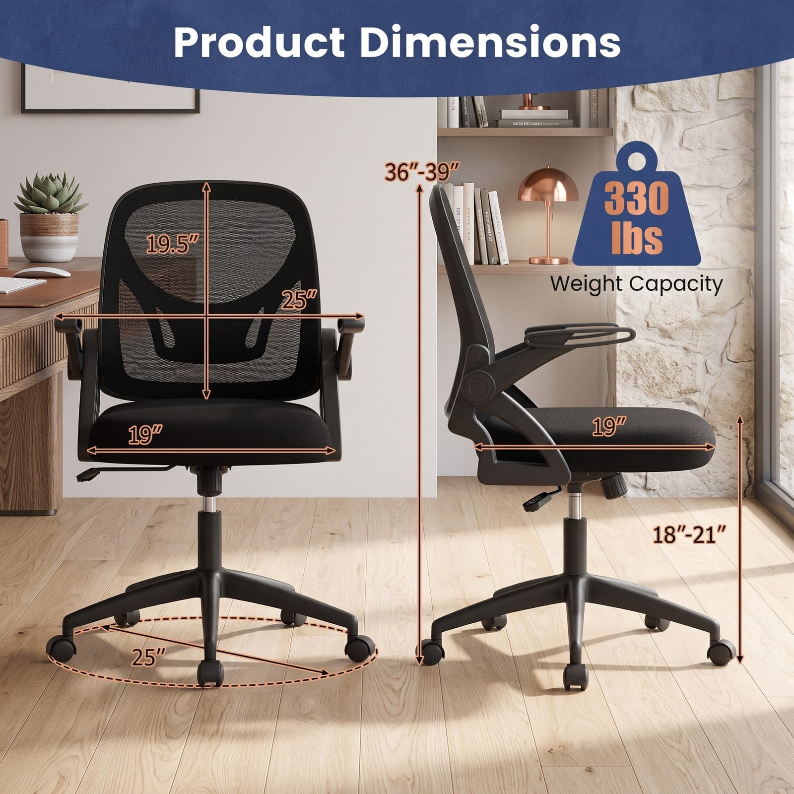 Furnibear Ergonomic Computer Desk Chair, Mesh Home Office Task Chair with Lumbar Support, 90 Degree Flip-up Armrests, Height Adjustable Swivel Rocking Chair, Black
