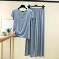 thumbnail image 3 of Ohufall Summer Pajama Sets Women 2 piece Outfits Soft Short Sleeve T-Shirt Top With Long Pants Two Piece Lounge Set Solid Comfy Sleepwear Pajamas, 3 of 3