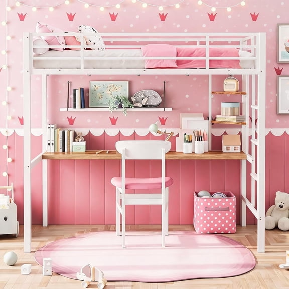 Metal Loft Bed with Large Desk, Space-Saving Design for Bedroom,Twin,White