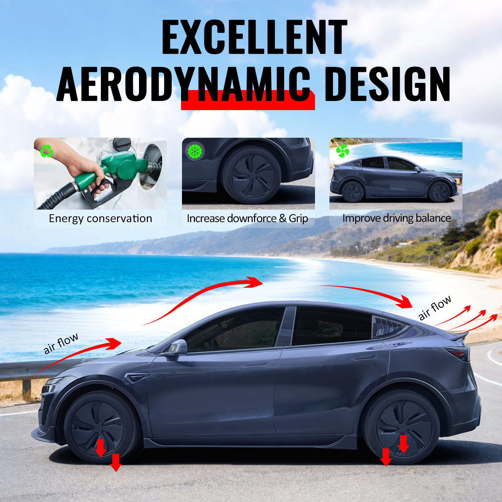 Ikon Motorsports Side Skirts Extension, Compatible with 2025-2026 Tesla Model Y Juniper, IKON Style ABS Plastic Matte Black Rocker Panel Splitter Side Underbody Spoiler 2PC