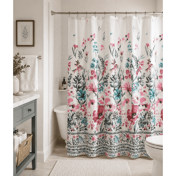 Serafina Home Pink Fabric Shower Curtain for Bathroom: Floral Botanical Design, Beige Teal Blue Red Pink Grey Black, 72" x 72"