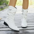 thumbnail image 2 of Retro Slouch Wide Mid Calf Boots for Women Ruched Leather Pointed Toe Chunky Low Heel Dress Short Booties White Size 9, 2 of 6