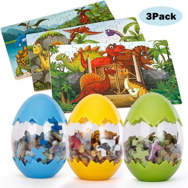 LNKOO 3 Pack Wooden Dinosaur Puzzles, Dinosaur Egg Puzzles Jigsaw Puzzle Each with 60 Pieces- Easter Eggs, Surprise Eggs, Dino Eggs, Dinosaur Toys for Kids & Children Ages 2, 3, 4-8