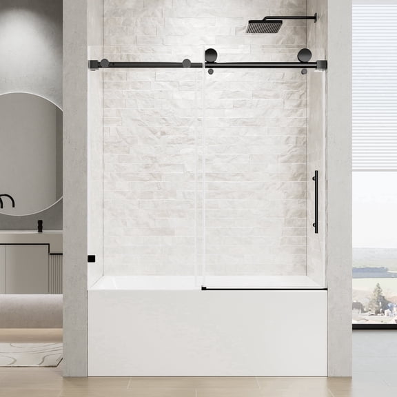KPUY 56" - 60" x 60" Frameless Bath Tub Sliding Shower Door with 5/16" Clear Tempered Glass, Explosion-proof Film, Stainless Steel Handle, Matte Black