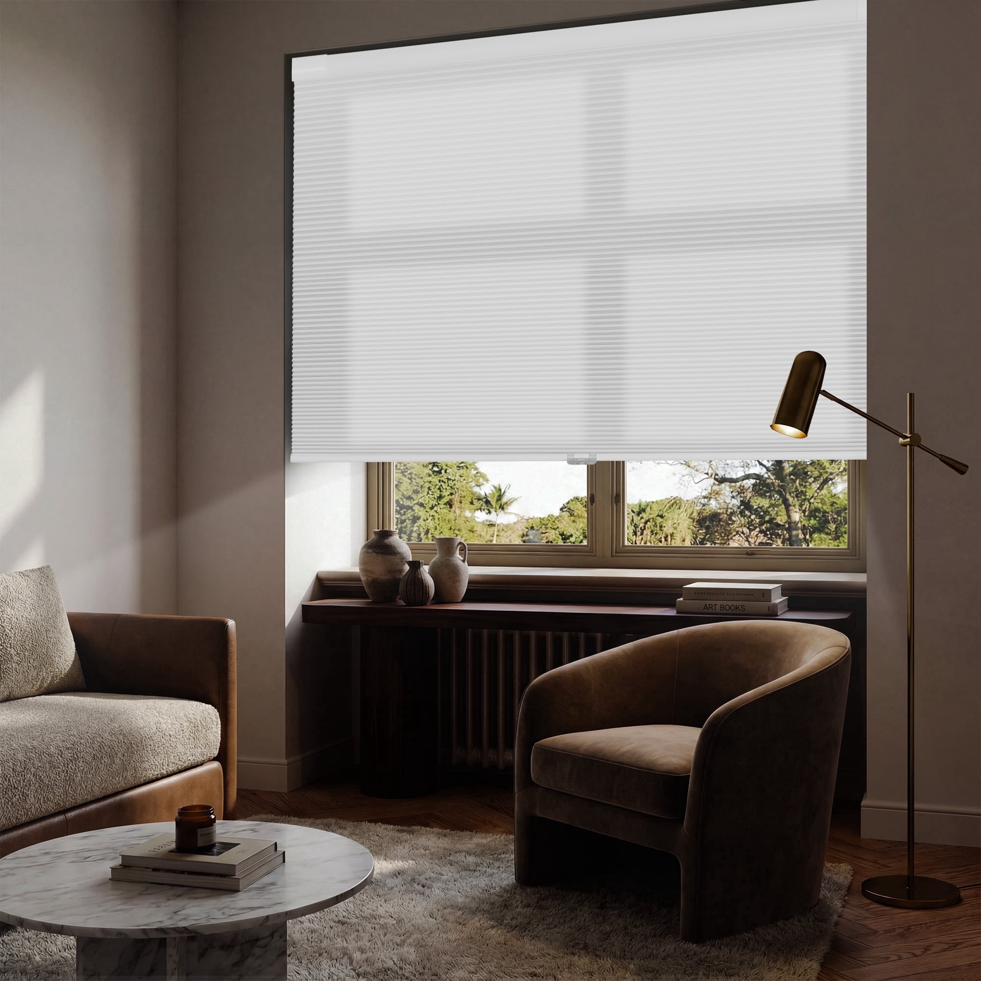 BERISSA Cordless No Drill No Tools Cellular Shades, Light Filtering Pull Down Window Blinds,White,34" W x 72" H