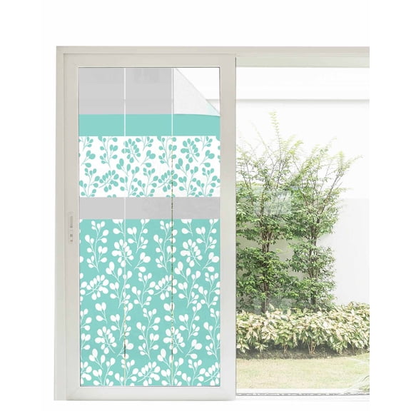Window Privacy Film Turquoise Floral Stained Glass Window Film Decorative Sun Block Window Cover Botanical Blossom Motif Boho Grey Stripes Window Clings Static Sticker for Bathroom 35.4"x78.7"