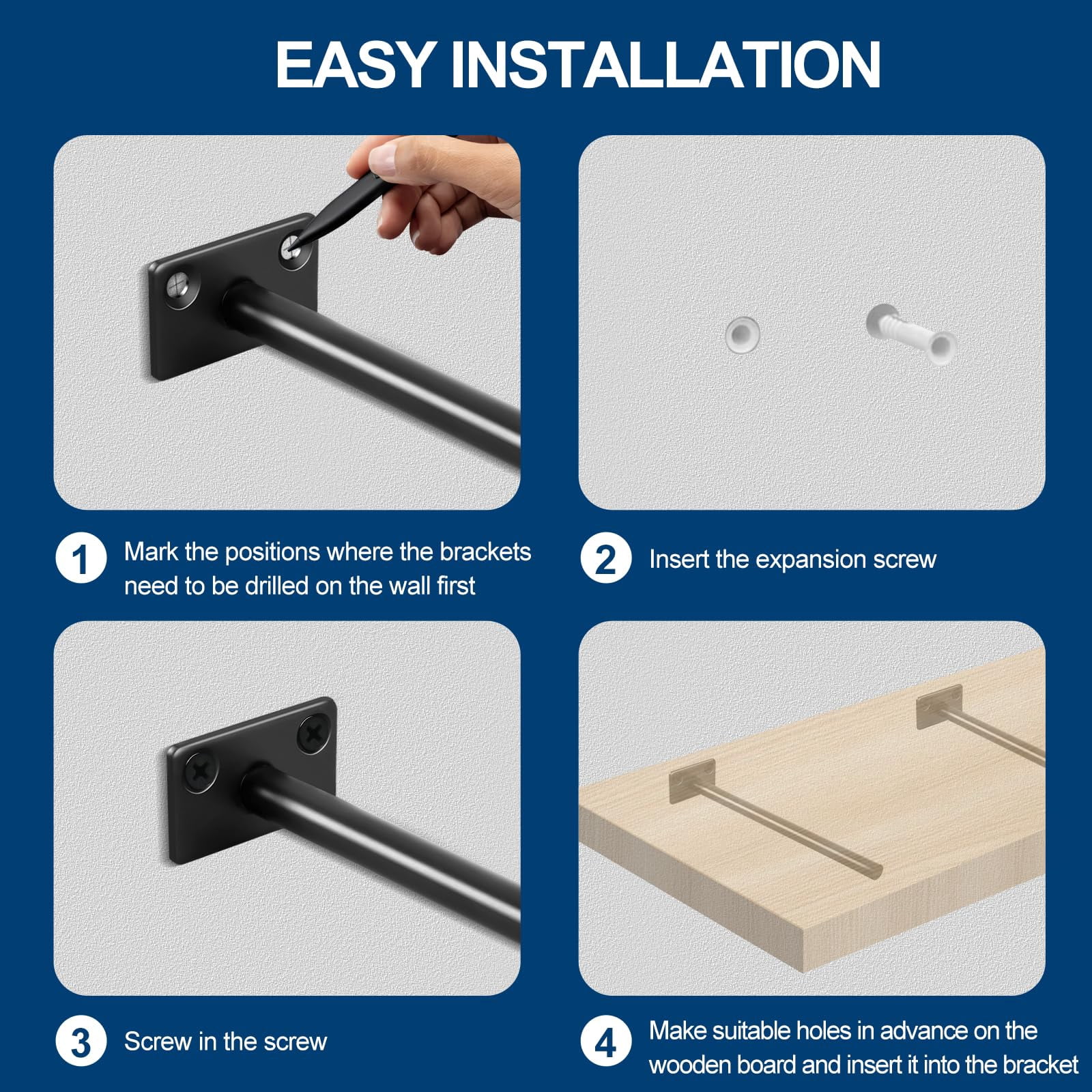 8 8" Black Solid Steel Floating Shelf Bracket Blind Supports - Brackets For Wood Shelves Concealed Support Screws And Wall Plugs Included