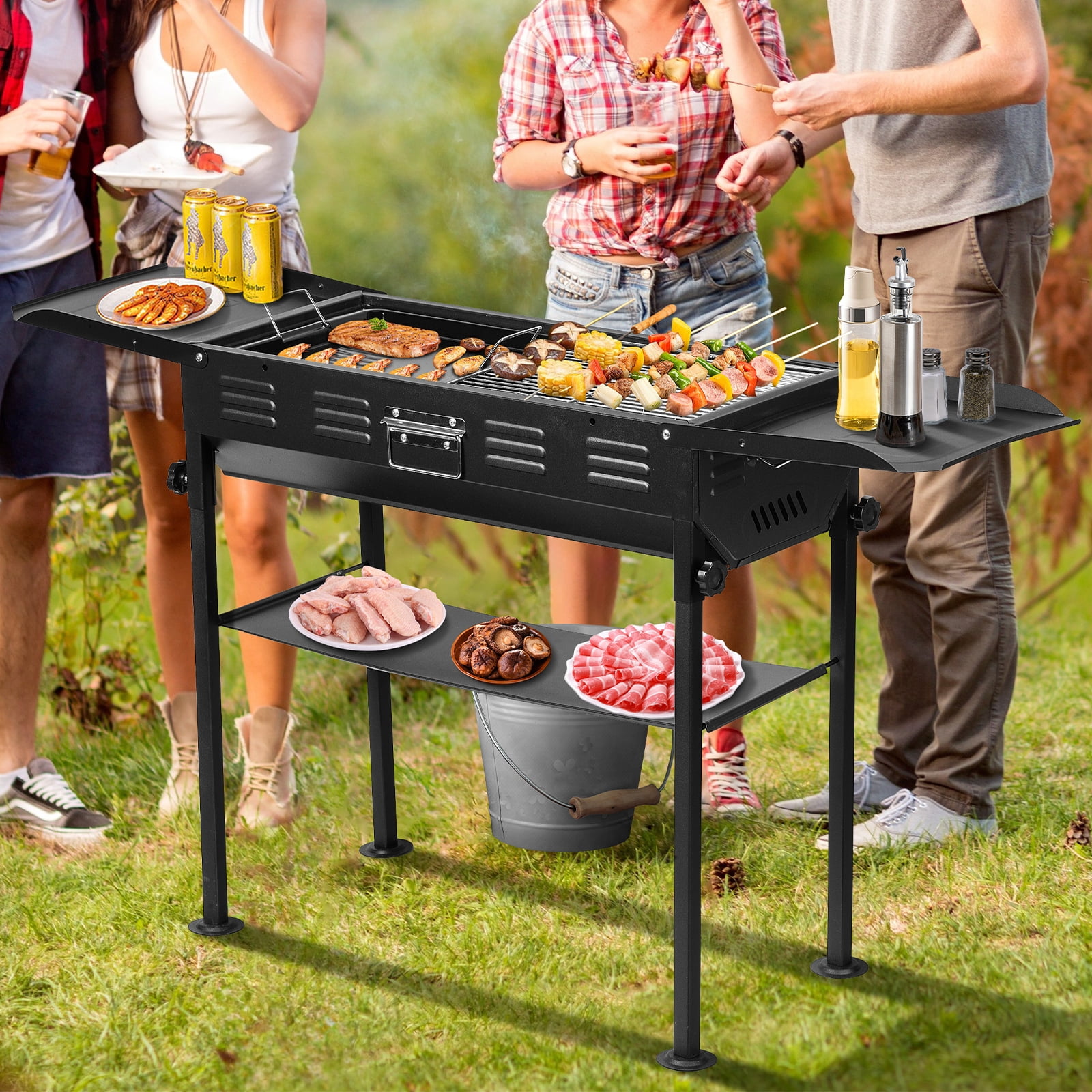 BEAMNOVA Portable Charcoal Grills for Outdoor BBQ, Foldable Barbecue Grills with Carry Bag, for Home Camping Picnics Backyard Grilling, Black