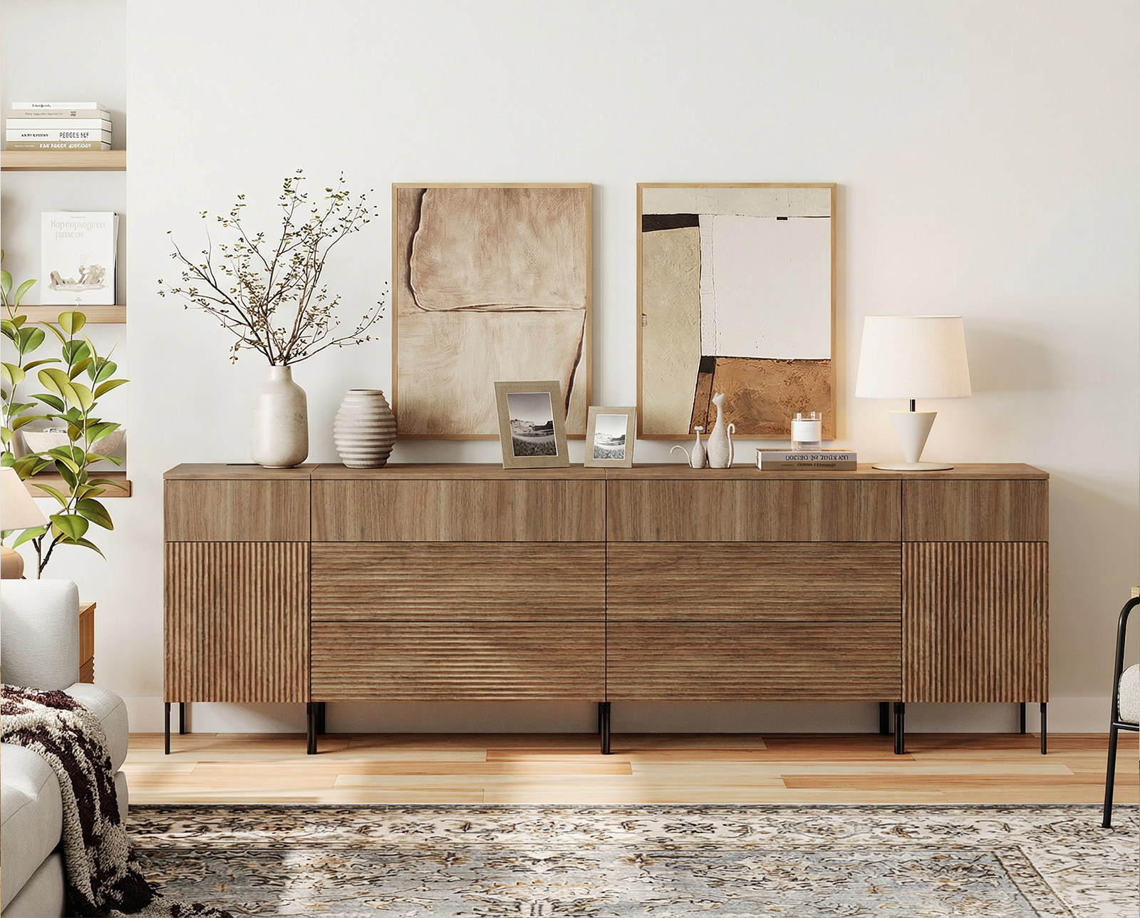 94.5" Reeded Accent Cabinet Set with Doors and Drawers, Modern Credenza Storage Cabinet with Charging Station for Living Room, Kitchen, Dining Room, Hallway