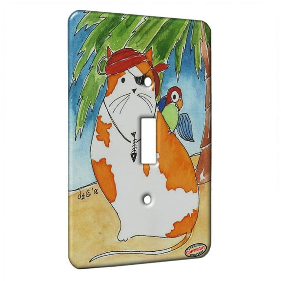 KuzmarK™ Single Gang Toggle Switch Wall Plate - Pirate Kitty with Parrot Fantasy Cat Art by Denise Every