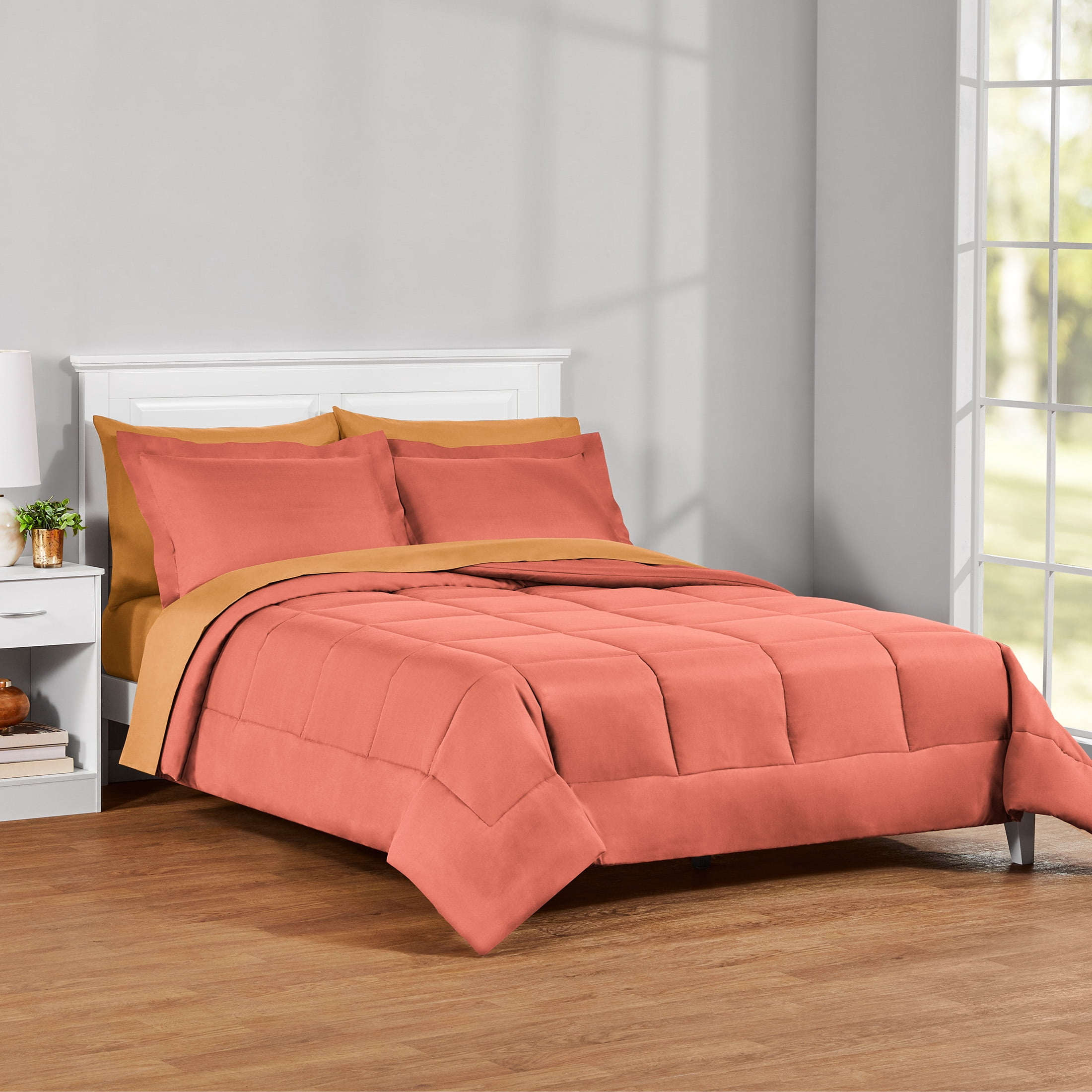Mainstays All in One Reversible Comforter and Sheet Set- 7 Piece, Queen, Red Canyon