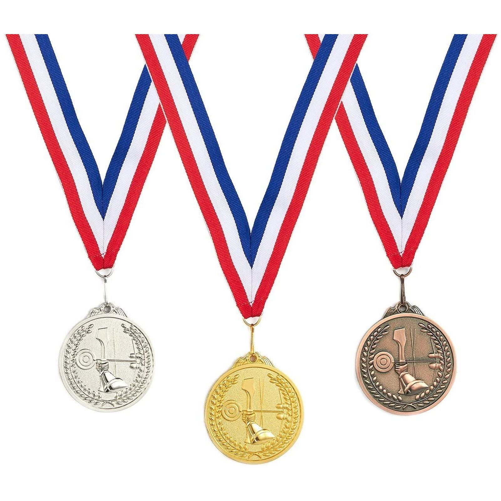 large gold HOCKEY medal with white neck ribbon trophy 2 1/2" diameter 