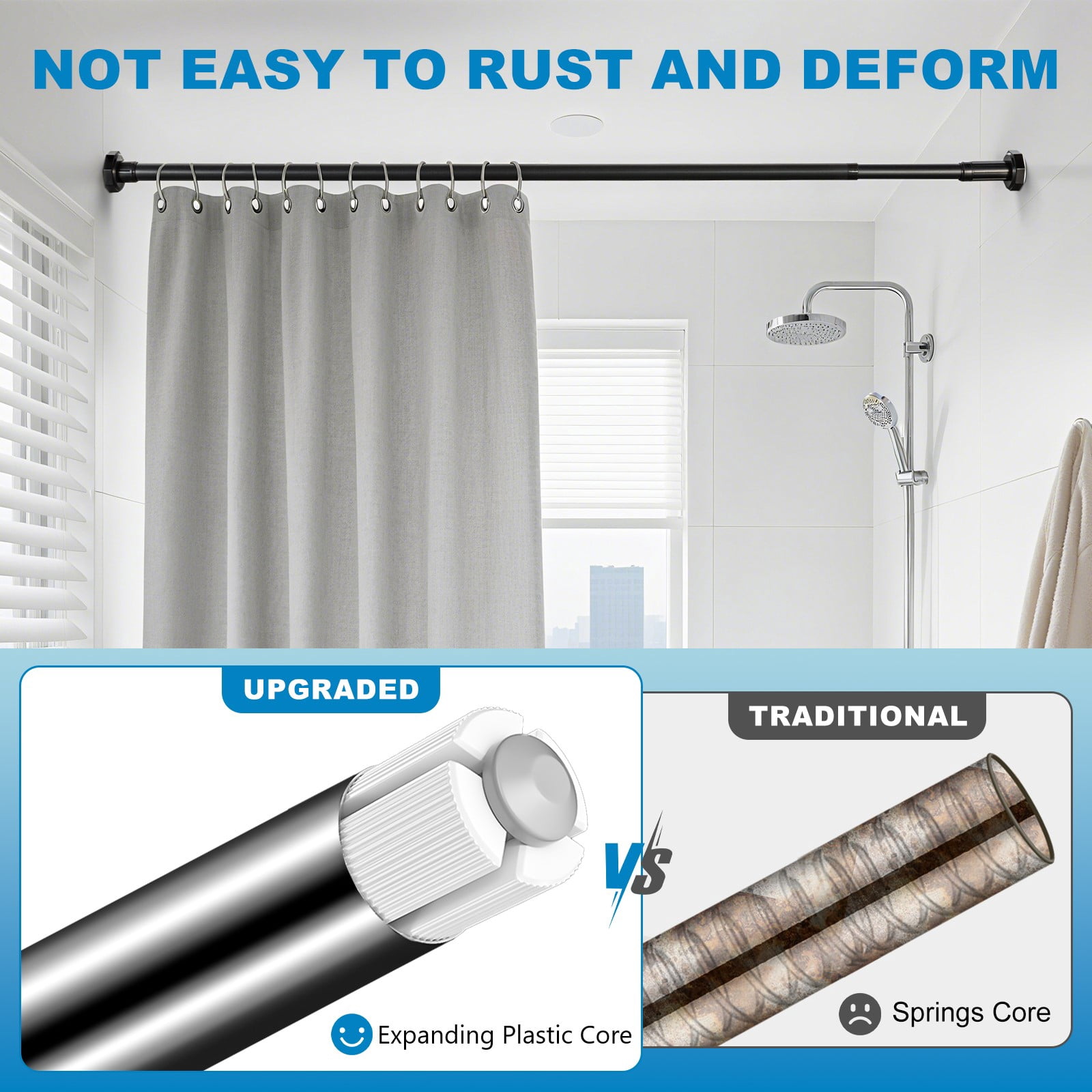 BEAMNOVA No Drill Telescopic Shower Curtain Rods, 44"-75" Adjustable Tension Rod, Rust-Resistant Stainless Steel for Windows Bathroom, Black (1 Pack)