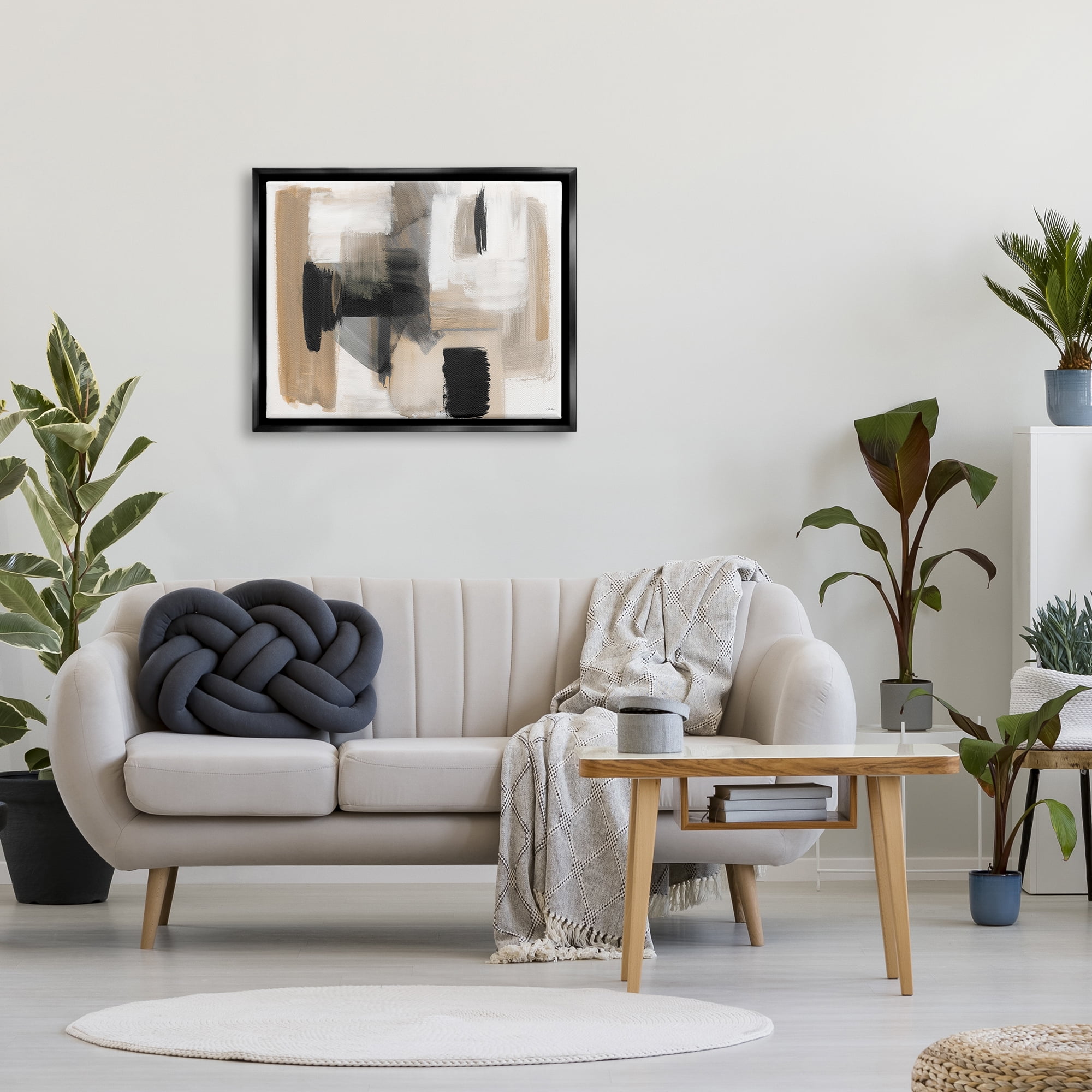 Stupell Industries Tan & Black Collage Abstract Painting Black Floater Framed Canvas Art Print Wall Art, 31 x 25