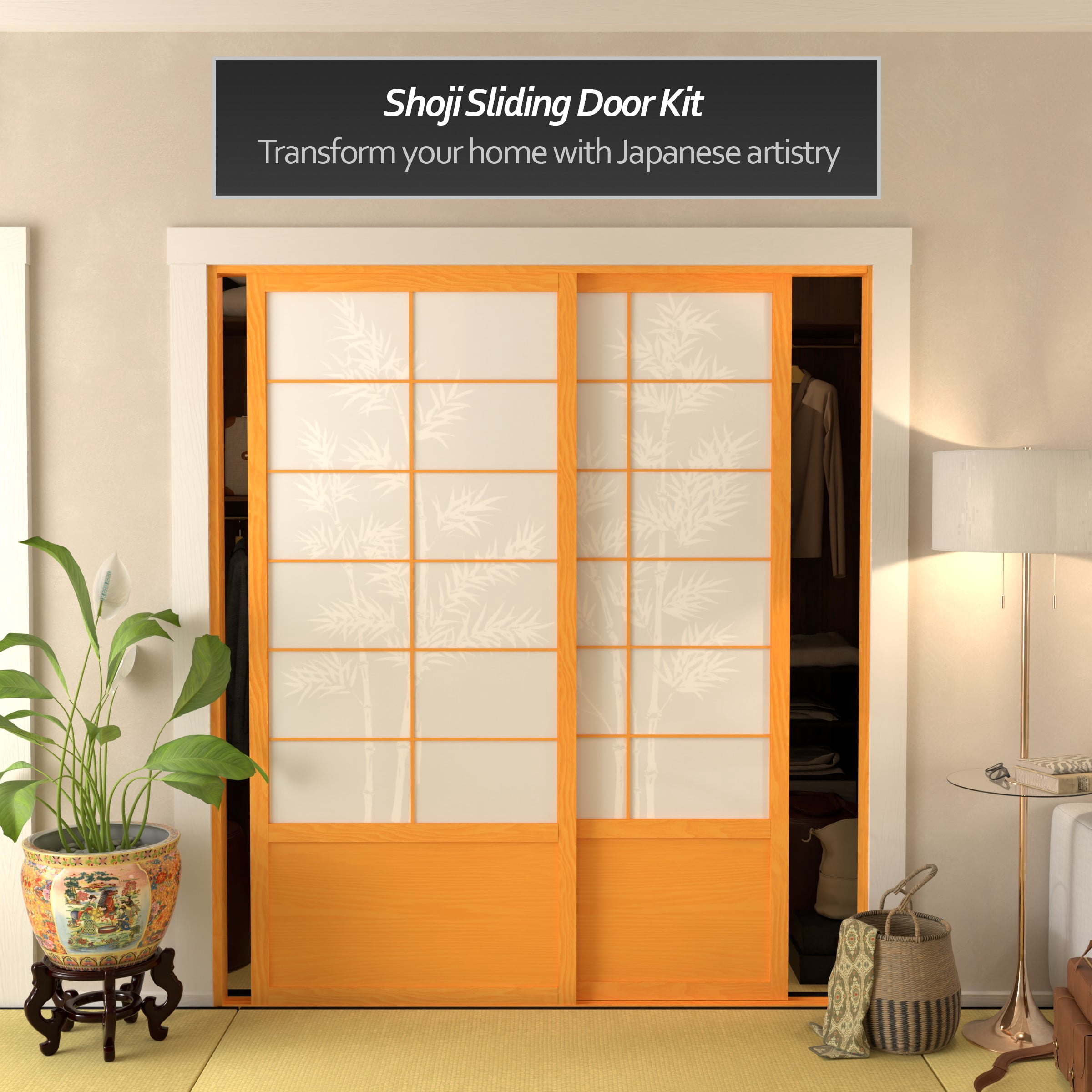 Red Lantern 7 ft. Tall Bamboo Tree Shoji Sliding Door Kit - Honey, Room Divider
