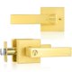 thumbnail image 1 of Tiradores brillantes, pomos de puerta de latón satinado, tiradores de puerta interiores con cerradura, perilla de puerta dorada de privacidad, palancas de puerta para cama/baño (sin llave, 1 paquete), 1 of 1