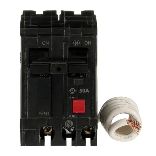 ABB Q-Line THQL2150GFT2P 50A 240-Volts Double Pole Circuit Breaker  50 Amp Double Pole Ground Fault Breaker with Self-Test  120/240 VAC 2-Pole GFCI Breaker  Ground Fault Circuit Interrupter