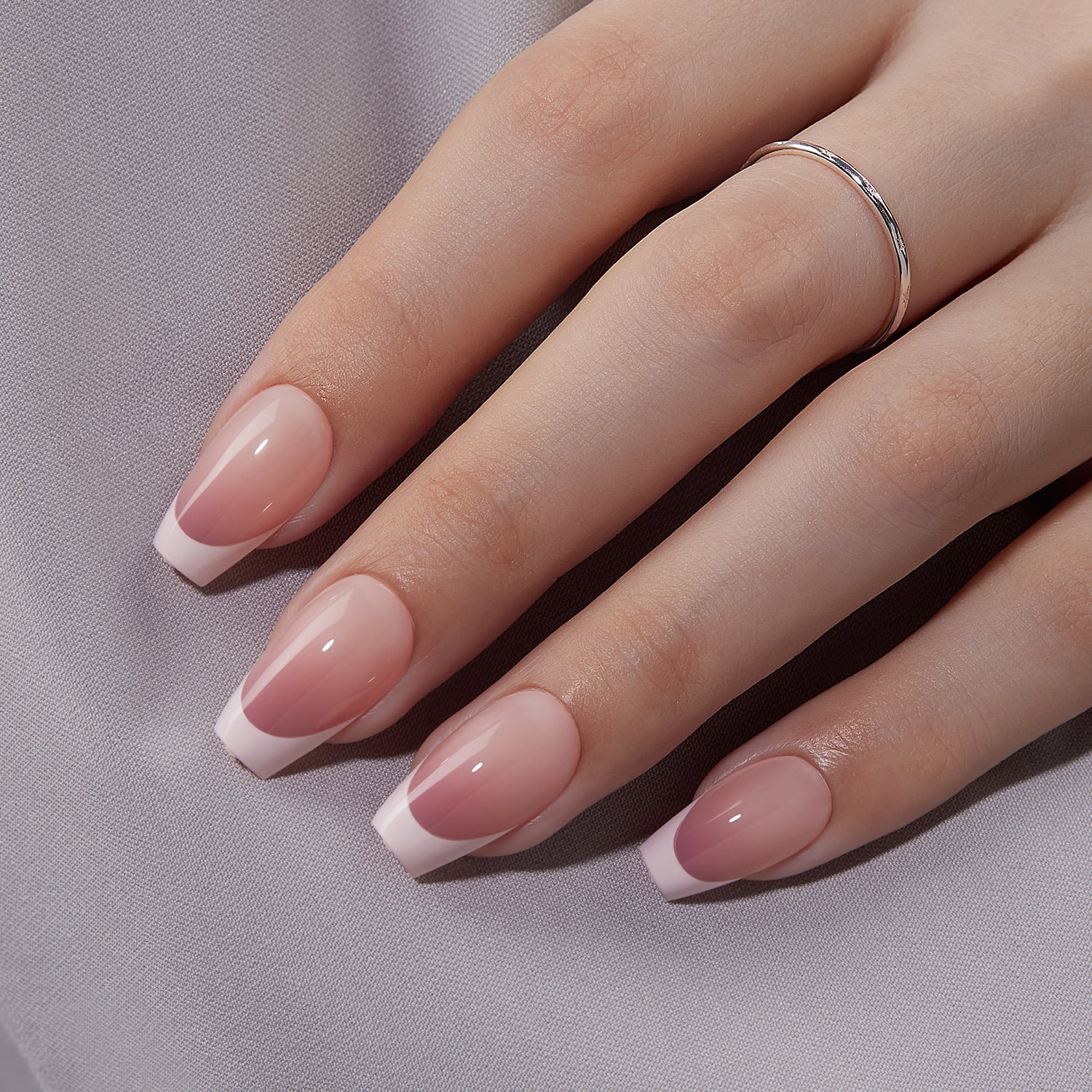 VSALON Press On Nails Short 42 Pcs White Nude Pink French Tip Main Coffin Nail in 16 Sizes With Alternative Nails Reusable Nail Kit UV Glue Easy Tab Nail Glue Remover Summer Gift Home Salon For Women